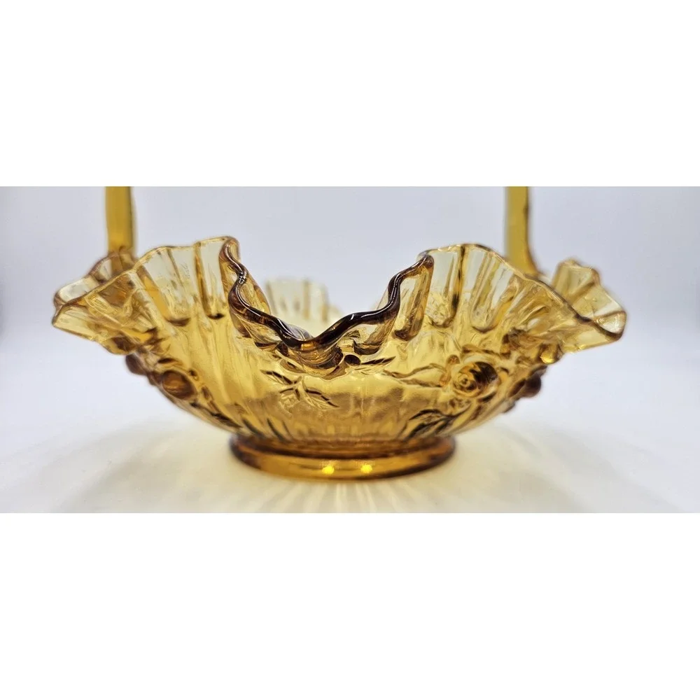 Vintage Amber Pressed Glass Basket Ruffled Edges Roses Applied Handle